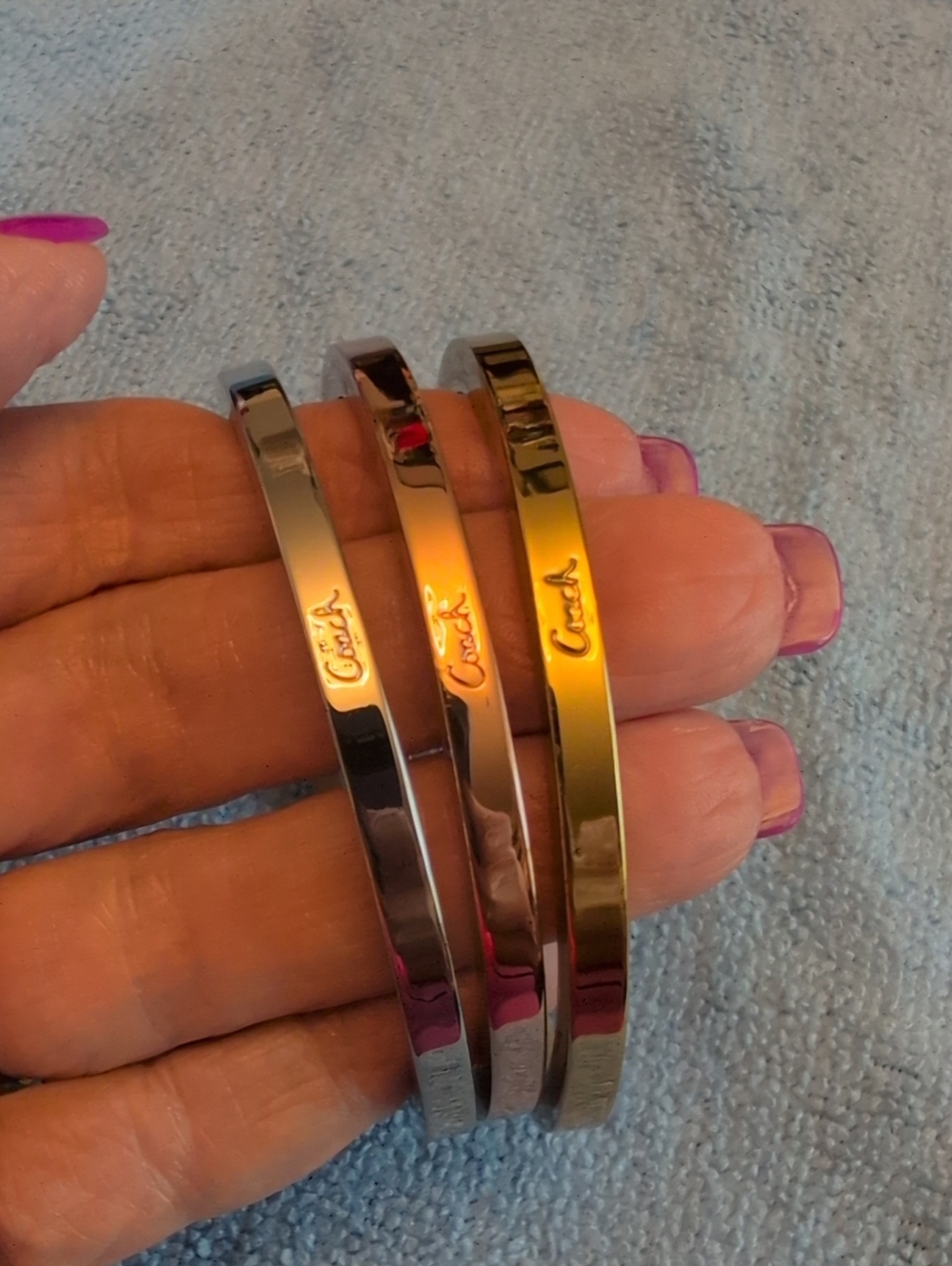 Coach Tri-Tone Slim Bangle Set — Gold, Silver, Rose Gold